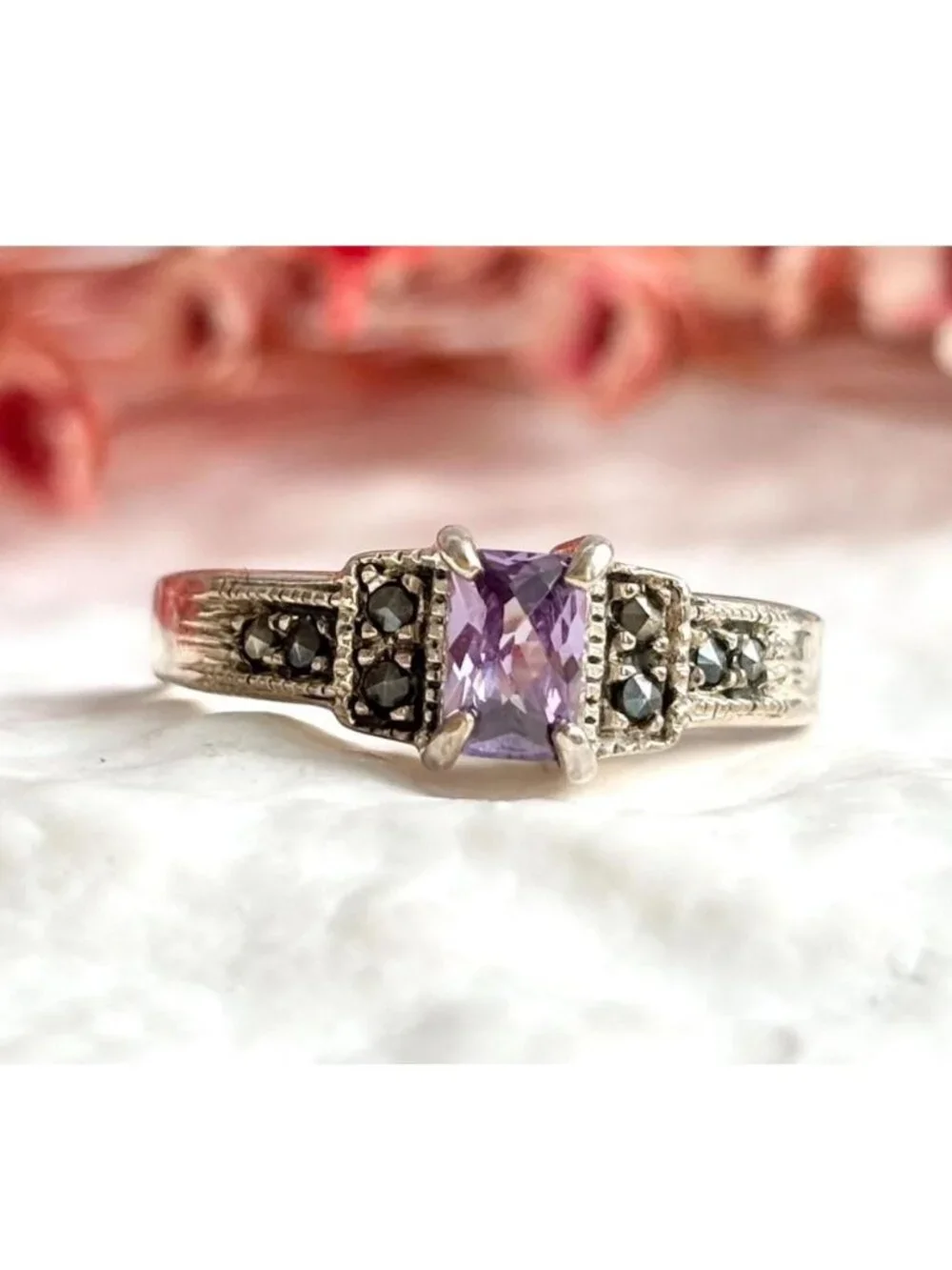 Art Deco Amethyst Gemstone Marcasite Sterling Silver 925 Vintage Ring - sz 9